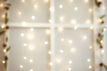 blur christmas backround. Christmas lights garland with copy spaceの写真素材