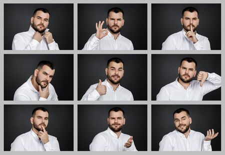 collage of portraits of handsome bearded man with different positive and negative emotions on black backgroundの写真素材