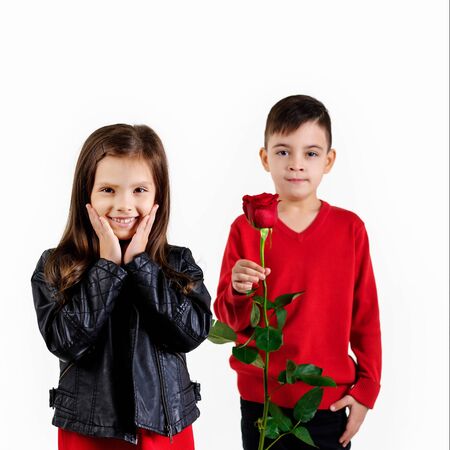 little boy in a red sweater giving a red rose to fashionable child girl in dress isolated on white backgroundの写真素材