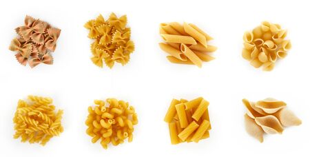Italian raw dry pasta collection isolated on white background. farfalle, rigatoni, penne,...