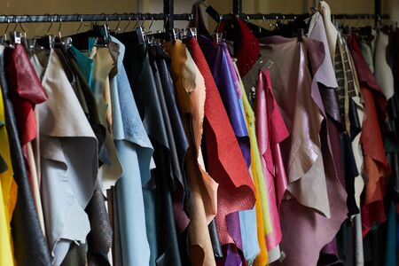 different types of multicolored leather. Materials for leather craft. samples of leatherの写真素材