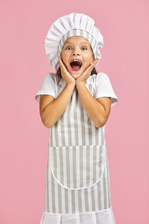 astonished surprised little girl in chef hat and apron on pink background.の写真素材