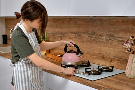 Young beautiful housewife cooking on kitchen