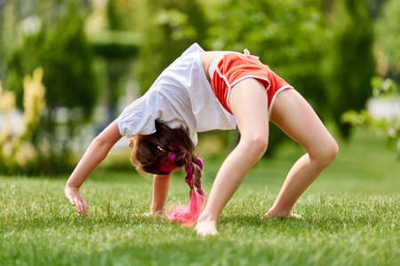 child girl with braided hair style with pink kanekalonの写真素材