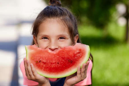child girl eats a watermelon in sunny dayの写真素材