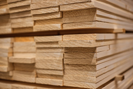 Lumber from boards in warehouse or in store for construction.の写真素材