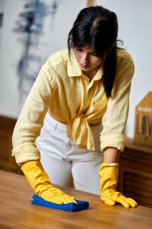 woman in gloves holding bucket with cleaning suppliesの写真素材