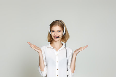 woman with headset is consulting clients online.