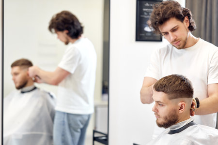 Barber trim hair with clipper on handsome bearded manの写真素材