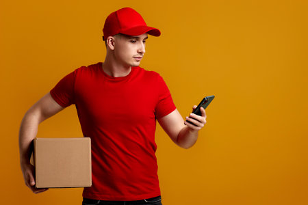 Delivery man employee in red cap, t-shirt holding empty cardboard box and phoneの写真素材