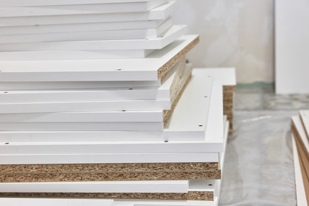 stack of white MDF panels lie on floorの写真素材