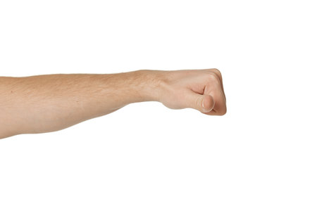 male hand showing thumbs down sign on white backgroundの写真素材