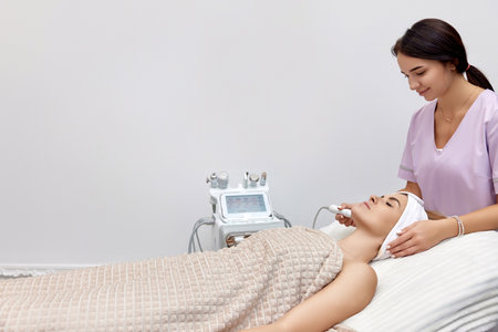 cosmetologist doing peeling procedure for female client in beauty salonの写真素材