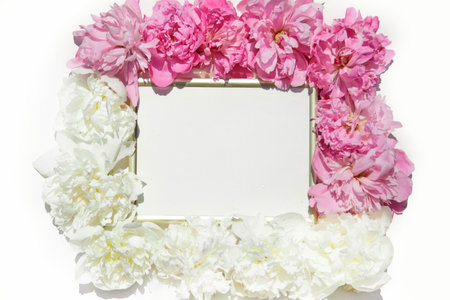 Beautiful frame with floral pions background. Free space for your design, mockupの写真素材