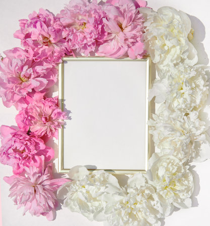 Beautiful frame with floral pions background. Free space for your design, mockupの写真素材