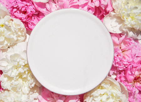 Beautiful frame with floral pions background. Free space for your design, mockupの写真素材