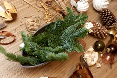 Homemade Craft christmas tools and decorations on tableの写真素材