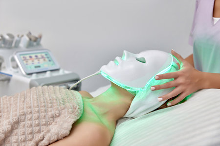 woman receiving led light therapy mask treatment from beautician in beauty salonの写真素材