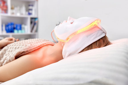 Woman lies with led light therapy facial mask in beauty salonの写真素材