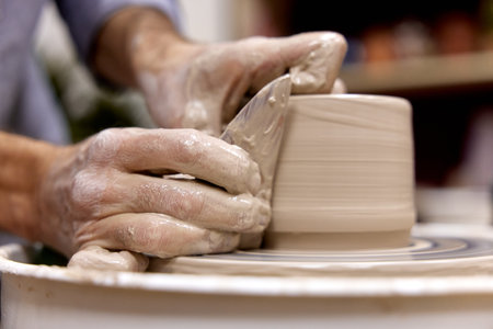 male hands making ceramic cup on pottery wheel with special wooden tool, Close-upの写真素材