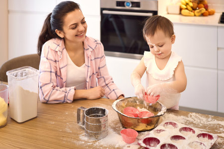 mother and little baby girl preparing the dough in the kitchen, bake cookies. happy time togetherの写真素材