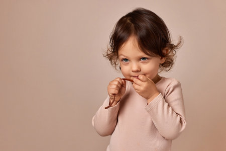 happy child girl holding fruit pastille on beige background. healthy baby food.の写真素材