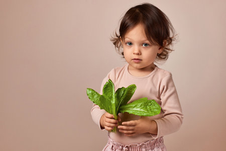 little child girl holding fresh green salad on beige background. copy spaceの写真素材