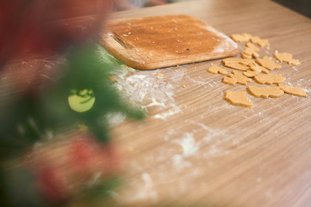 dough of gingerbread cookies on table. Festive baking