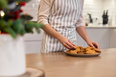 woman holding plate of delicious gingerbread cookies at home, Christmas timeの写真素材