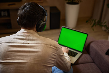 freelancer man working on laptop on sofa at home, work from homeの写真素材