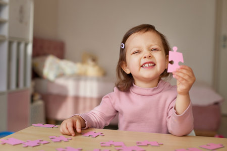 smiling little child girl showing puzzle piece at wooden desk in roomの写真素材