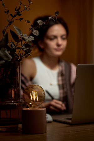 retoucher woman working at home office using digital graphic tablet and laptop, focus on lampの写真素材