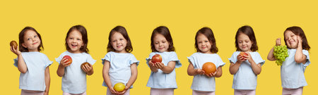 Collage of cute little child girl with fresh fruits on yellow backgroundの写真素材