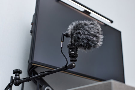 black professional boom microphone stand used for recording voice in online podcast in home studio. fluffy microphone and computer on the tableの写真素材