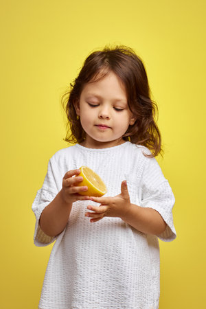 cute Caucasian little child girl holding lemon on yellow backgroundの写真素材