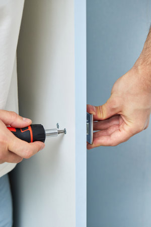 worker installing new handle of cabinet door with screwdriver, close-up. furniture assembly service