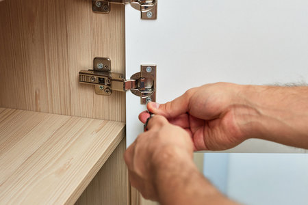 handyman assembling cabinet and screwing door hinge at home, close-up