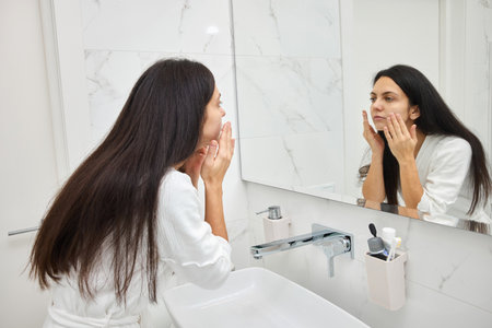 Young woman applying skincare cream to her face in the bathroom mirror performing a beauty routineの写真素材