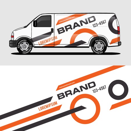 car livery orange van wrap design wrapping sticker and decal design for corporate company branding vectorのイラスト素材