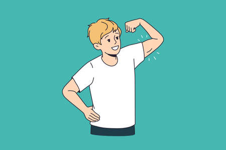 Smiling sport child boy showing his bicepsのイラスト素材