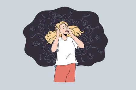 The girl touches her head, she is surrounded by thoughts. Mental disorder and chaos in consciousness.のイラスト素材