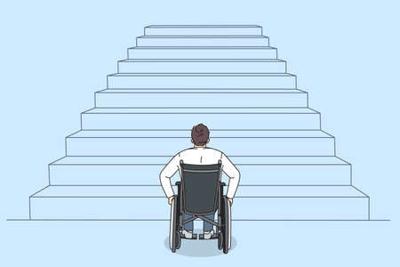 The problem of people with disabilities. An obstacle in front of a man in a wheelchair.のイラスト素材