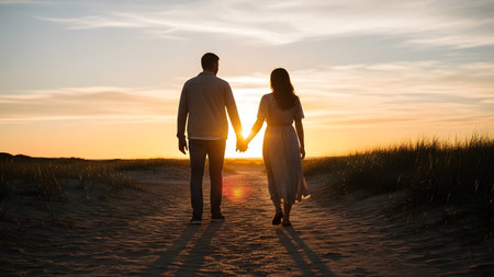 A couple walks hand in hand on a sandy beach at sunset creating a romantic and peaceful atmosphere.の素材