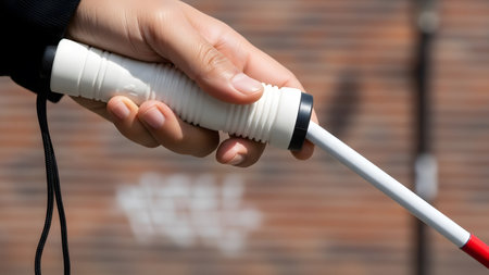 Close up of hand holding white cane with red tip used by blind person for navigation outdoors.の素材