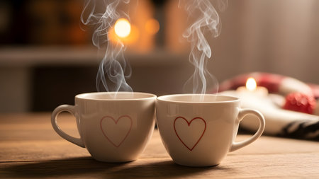 Two white cups with heart shapes filled with hot steaming drink placed on wooden tableの素材