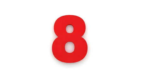 Bright red number eight stands out against a clean white background, symbolizing numerics or counting concepts.の素材