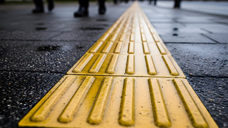 Close up of yellow textured tactile paving on a wet city pavement with blurred pedestrian feet walking in the backgroundの素材