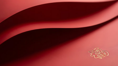 Close up of red fabric with wavy folds and a small embroidered design in the corner.の素材