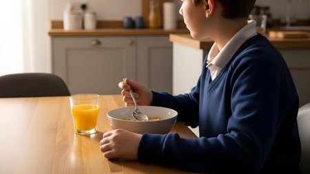 Young boy eating cereal at wooden table with orange juice in bright kitchen settingの素材