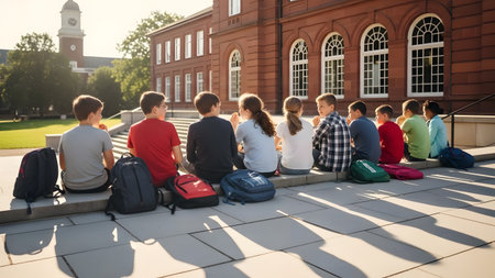 students sitting on the edge of a school area with backpacks enjoying a sunny afternoon outdoorsの素材